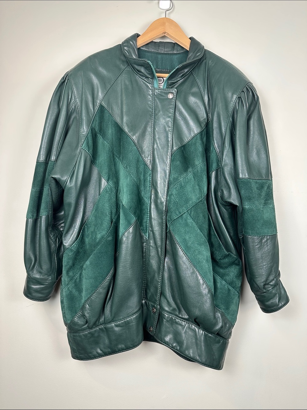 Vintage The Old Mill Green Leather Jacket suede patchwork Canada statement
